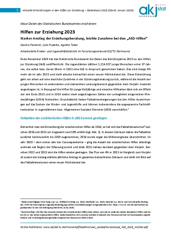 Abgebildet ist die erste Seite einer Kurzanalyse mit dem Titel „Hilfen zur Erziehung 2023“. Der vollständige Titel lautet: „Starke Anstiege der Erziehungsberatung, leichte Zunahme bei den ‚ASD Hilfen‘“. Darüber steht der Hinweis: „Aktuelle Entwicklungen in den Hilfen zur Erziehung – Datenbasis 2023 (Stand: Januar 2025)“. Als Autorinnen und Autoren werden Sandra Fendrich, Julia Erdmann und Agathe Tabel genannt. Die Kurzanalyse wurde von der Arbeitsstelle Kinder und Jugendhilfestatistik im Forschungsverbund Deutsches Jugendinstitut und Technische Universität Dortmund erstellt. Oben rechts ist das Logo von akjstat abgebildet. Die Seite enthält Fließtext mit einer inhaltlichen Zusammenfassung sowie eine hervorgehobene Zwischenüberschrift zu den Fallzahlen der erzieherischen Hilfen im Jahr 2023. Die Gestaltung ist überwiegend weiß mit blauen Hervorhebungen. Die Kurzanalyse kann unter der Newsmeldung heruntergeladen werden.