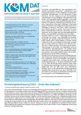 Abgebildet ist das Titelblatt der Zeitschrift „KomDat – Kommentierte Daten der Kinder- und Jugendhilfe“. Es handelt sich um die Ausgabe Dezember 2025, Heft Nummer 3. Die Zeitschrift wird von der Arbeitsstelle Kinder- und Jugendhilfestatistik (AKJStat) an der TU Dortmund herausgegeben. Das Cover ist anklickbar und führt zum Download der Ausgabe.